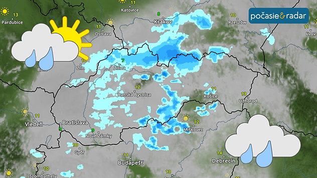 Snímka meteoradaru so symbolom oblačna s prehánkou a symbolom dažďa.