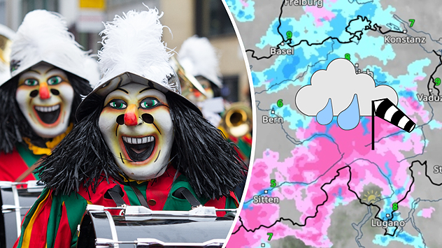 Das Bild zeigt links einen Narr bei der Fasnacht, rechts das WetterRadar für die Schweiz. Eingezeichnet sind ein Regen- und ein Windsymbol.