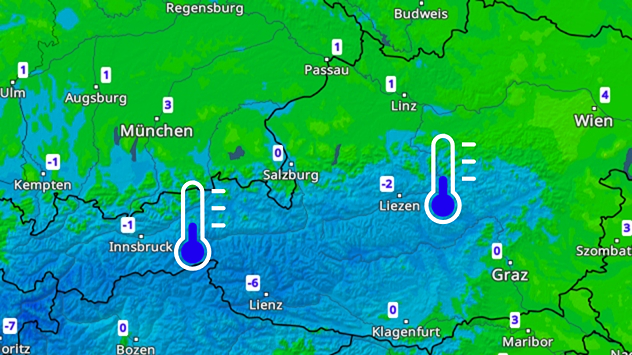 Die Wetterkarte zeigt Frost in den Alpen und Temperaturen nur knapp über 0 Grad in Linz, Wien und Graz.