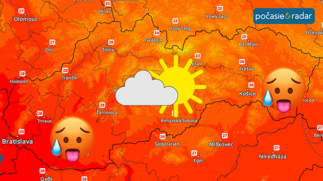 Mapa Slovenska s vysokými teplotami okolo 26 až 30 °C, slnkom a ikonami horúčavy