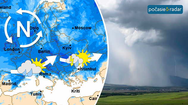 Mapa Európy s chladnejším vzduchom, tlakovou nížou a prehánkami, doplnená fotografiou búrkového oblaku