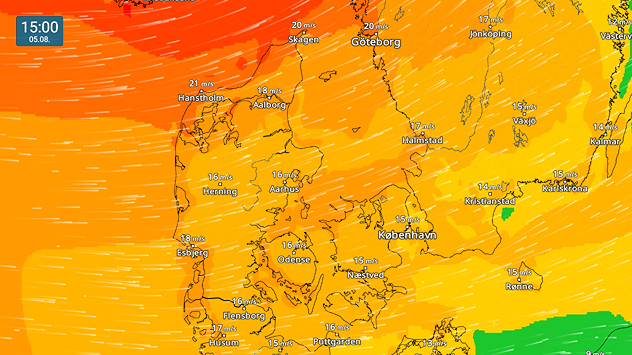 VindRadaren viser kraftig blæst over Danmark, og topper med 20-21 m/s ved Skagen og Hanstholm den 5. august kl. 15.