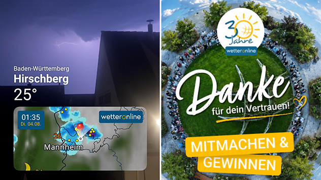Gewitter im WetterRadar vor Gewitter am Himmel, daneben "Danke für dein Vertrauen"