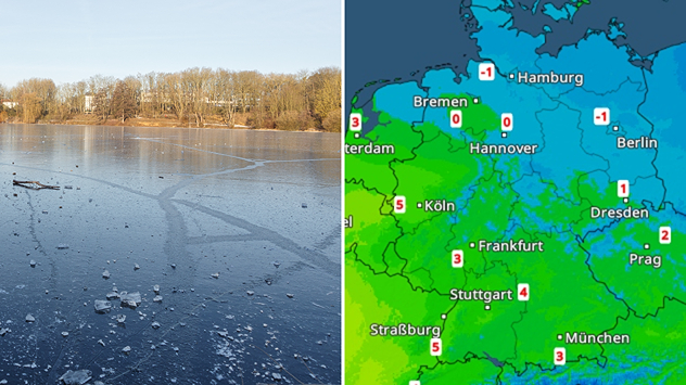 Geteilte Grafik: links eine gefrorene Wasserfläche mit Rissen und Eisstücken, rechts eine TemperaturRadar-Karte von Deutschland mit winterlichen Werten.