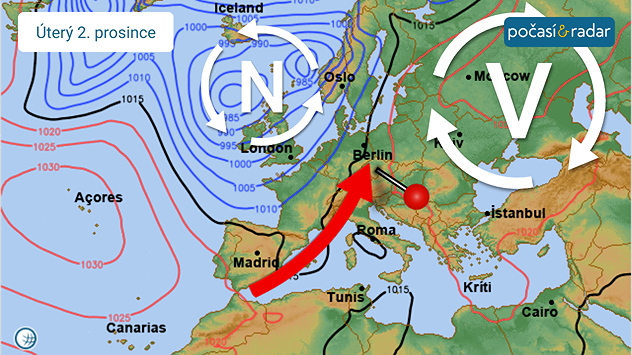 Předpověď synoptické situace nad Evropou, úterý 2. prosince: Nad Česko se bude v nejbližších dnech dostávat teplejší vzduch od jihozápadu mezi tlakovou níží nad severozápadem Evropy a tlakovou výší nad východem Evropy.