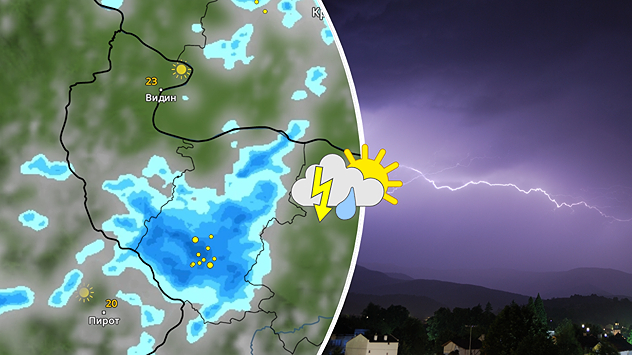 Отляво: Метеокартата показва локални гръмотевични бури в северозападна България към петък следобед Отдясно: Снимка на нощна гръмотевична буря над северозападна България.