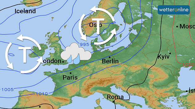 Eine Tiefdruckzone reicht von Skandinavien bis nach Großbritannien. Sie beeinflusst auch unser Wetter. 