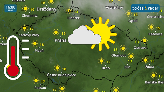 Meteoradar, screenshot, 27. 2. 16:00: Například pátek do Česka přinese převážně slunečné a velmi teplé počasí. Hlavně v Čechách by se mohly odpolední teploty ojediněle blížit až 19 °C!