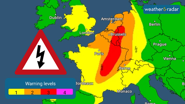 Thunderstorm warning map showing level 3 red alerts across eastern France, level 2 orange areas extending into Belgium, and level 1 yellow warnings across surrounding regions.