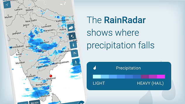 Live Rain Radar map showing real-time precipitation