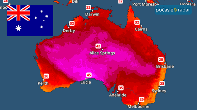 Snímka teplotného radaru kontinentu Austrália. Vľavo hore je vlajka Austrálie.