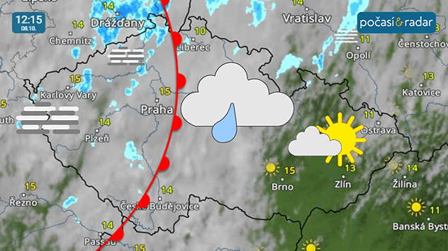 Meteoradar, screenshot, 8. 10. 12:10: Středeční počasí v Česku ovlivňuje přechod teplé fronty od západu.