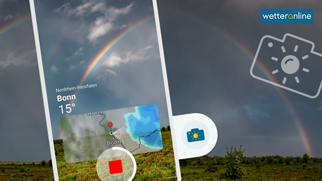 „Smartphone-Ansicht der WetterOnline-App mit Regenbogenmotiv und Wetterdaten für Bonn, daneben ein Regenbogen am dunklen Himmel über einer Landschaft.