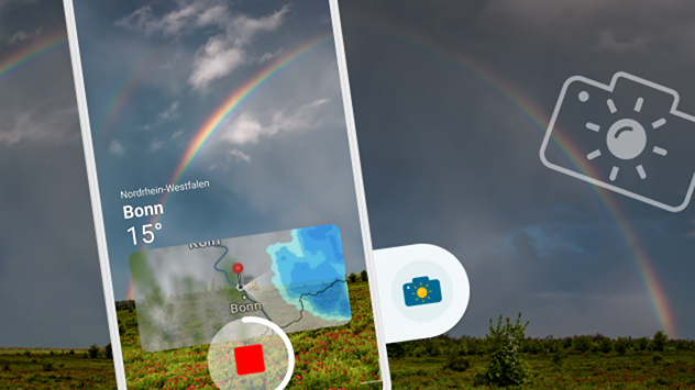 „Smartphone-Ansicht der WetterOnline-App mit Regenbogenmotiv und Wetterdaten für Bonn, daneben ein Regenbogen am dunklen Himmel über einer Landschaft.