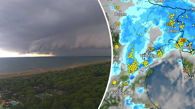 À gauche : photo des intempéries À droite : radar météo avec orage près de Venise