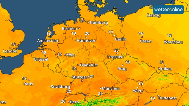 TemperaturRadar für Montagnachmittag