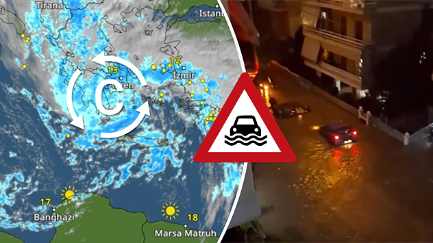 S lijeve strane, meteorološki radar prikazuje veliko područje kiše iznad Grčke.