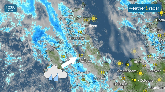 Weather map of the UK and parts of Europe showing scattered rain bands, especially over Ireland, Wales, and northern England, with blue shading indicating rainfall. Temperatures range from 15–18°C across the UK, with brighter, sunnier conditions shown over much of mainland Europe. An icon highlights rain over Ireland moving north-east.