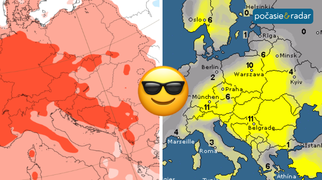 Mapa Európy s teplotami na západe a mapou trvania slnečného svitu nad strednou Európou