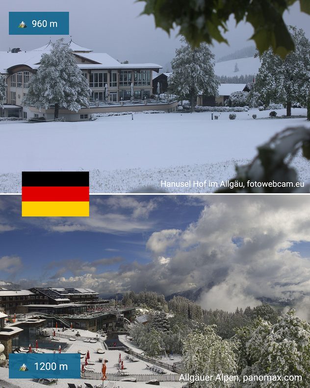 Immagine composta da due parti che mostra una nevicata a Oberstdorf e una pista da sci innevata a Winterberg. Paesaggi innevati nelle zone di alta quota della Germania.