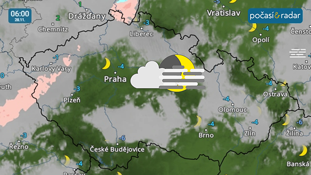 Meteoradar, screenshot, 28. 11., 6:00: Do Česka se navrátí teplotní inverze. To se projeví již během noci na pátek četnou tvorbou mlh a nízké oblačnosti.