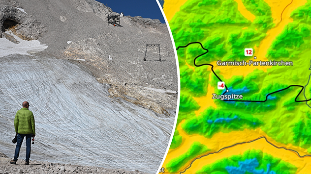 Ein Mann steht vor einem stark zurückgegangenen Gletscher in den Alpen; daneben zeigt eine farbige Wetterkarte Temperaturen rund um Garmisch-Partenkirchen und die Zugspitze.