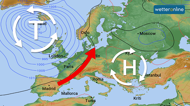 Wetterkarte mit Tief westlich Europas und Warmluftströmung nach Deutschland.