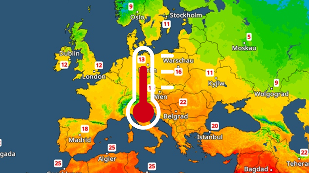 Temperaturen in Europa Europakarte mit Temperaturen von 9 bis 25 Grad, warm im Süden, kühl im Norden.