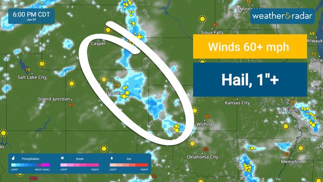 Strong storms may produce wind gusts higher than 60 mph and hail one inch in diameter or greater.