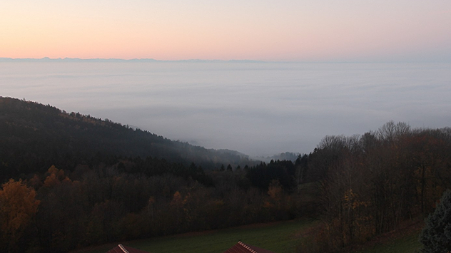 Das Bild zeigt eine herbstliche Hügellandschaft mit Nebelmeer im Tal. Über dem Nebel färbt sich der Himmel in zarten Rosa- und Blautönen der Morgendämmerung.