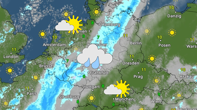 Wetterkarte mit Regenband über Westdeutschland und Sonne im Osten. Temperaturen einstellige bis niedrige zweistellige Werte.