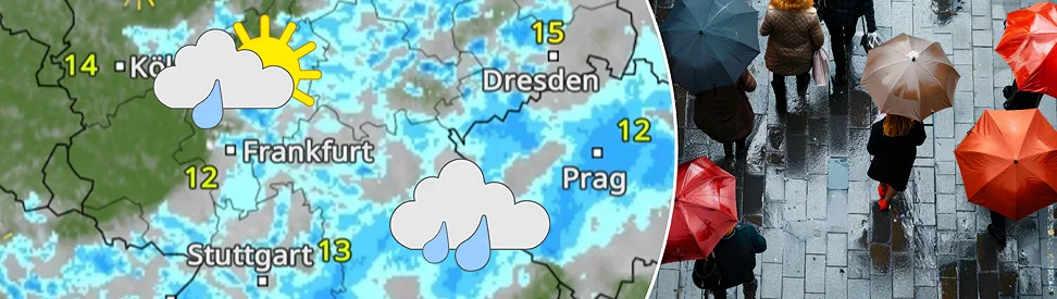 Split: Wetterkarte von Deutschland mit Wolken, Regen und Temperaturen. Rechts Personen mit Schirm.