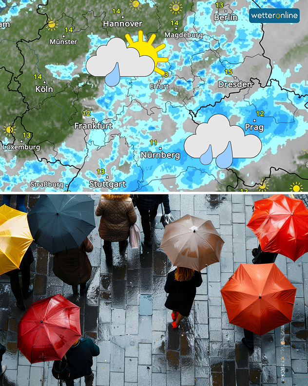 Split: Wetterkarte von Deutschland mit Wolken, Regen und Temperaturen. Unten Personen mit Schirm.