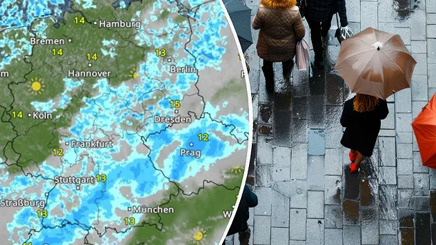 Split: Wetterkarte von Deutschland mit Wolken, Regen und Temperaturen. Rechts Personen mit Schirm.