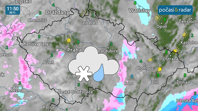 Meteoradar, screenshot, 30. 11., 11:50: Ve čtvrtek přes Česko přechází slabá studená fronta – dává o sobě vědět občasným slabým sněžením, deštěm nebo mrholením.