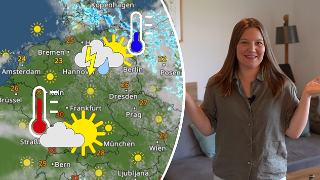 Heiß und sonnig im Südwesten - Gewittrig und kühler im Nordosten, daneben eine Moderatorin