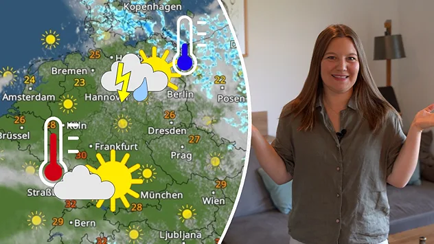 Heiß und sonnig im Südwesten - Gewittrig und kühler im Nordosten, daneben eine Moderatorin