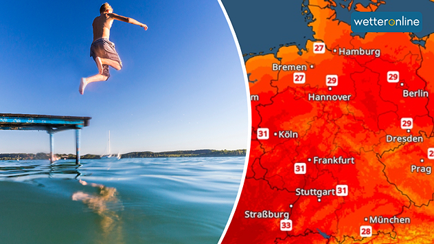 Eine Person springt bei Sonnenschein von einem Steg in einen Badesee. Rechts zeigt das TemperaturRadar Höchstwerte zwischen 28 und 33 Grad für Sonntag.