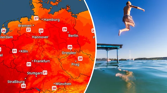 TemperaturRadar mit Höchstwerten zwischen 28 und 33 Grad am Sonntag sowie eine Person, die bei Sonnenschein von einem Steg in einen Badesee springt.