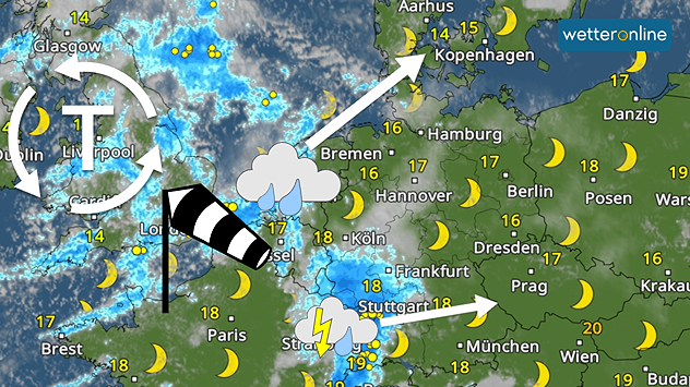 WetterRadar mit Tief TESSA westlich der Britischen Inseln und einer Wetterfront über dem Südwesten Deutschlands.