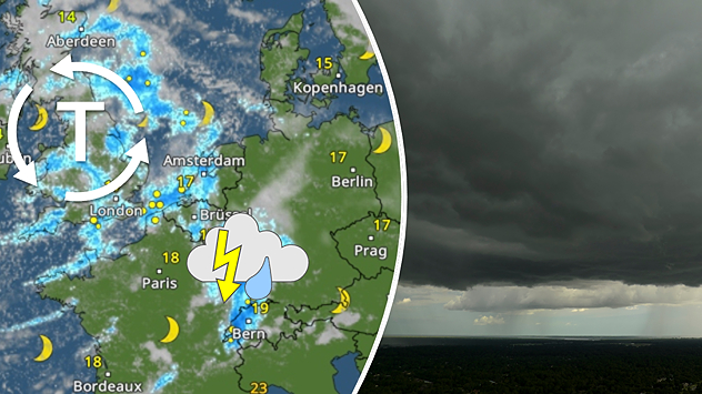 WetterRadar mit Tief TESSA über Westeuropa und Gewittern sowie dunklen Schauerwolken.
