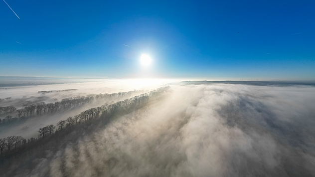 © Torsten Brehme Nebelschwaden am Oberrhein bei Worms, darüber blauer Himmel