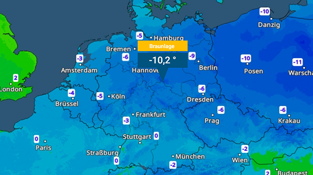 Wetterkarte mit Tiefsttemperaturen am Morgen des 1. Weihnachtstags Deutschland großflächig unter null Grad
