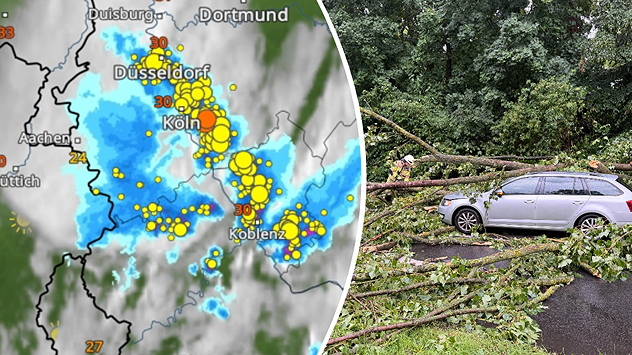Geteiltes Bild: Links zeigt eine Wetterkarte von Nordrhein-Westfalen mit blauen Niederschlagsflächen sowie zahlreichen gelben Markierungen für Blitzaktivität rund um Köln, Düsseldorf und Koblenz. Rechts ist ein durch ein Unwetter verursachter Sturmschaden zu sehen: Mehrere umgestürzte Bäume liegen über einer Straße und haben ein silbernes Auto unter sich begraben. Die Aufnahme verdeutlicht die Auswirkungen kräftiger Gewitter mit Starkregen und Sturm.