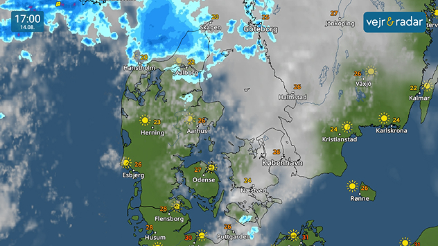 Torsdag eftermiddag den 14. august byder på sol og skyer med temperaturer mellem 20 og 28 grader.
