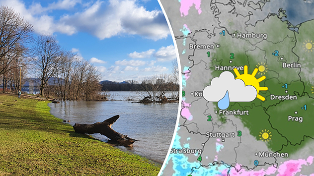 Geteilte Grafik: links Flussufer mit hohem Wasserstand unter blauem Himmel, rechts eine WetterRadar-Karte mit Sonne-Wolken-Regen-Symbol.