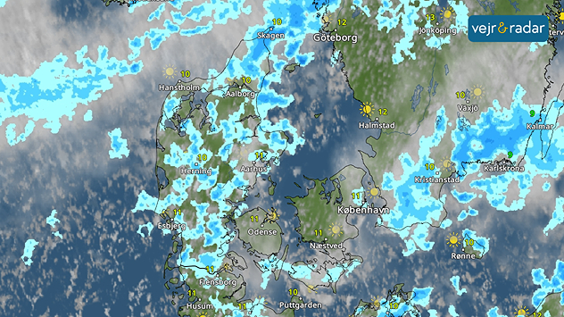 VejrRadar over Danmark med regnbyger og ustadigt vejr på Kristi Himmelfartsdag 2026.
