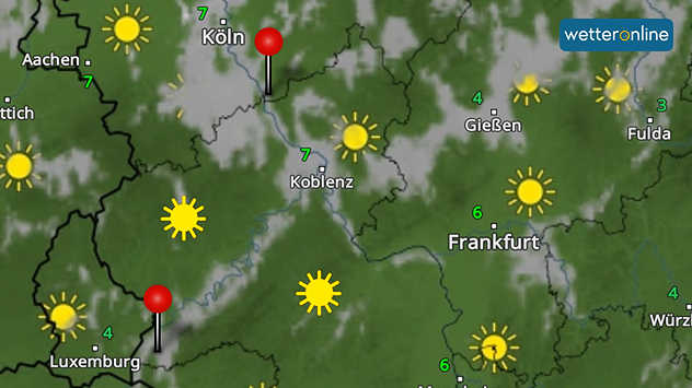 WetterRadar zeigt nebelgefüllten Rhein und Mosel. Abseits davon Sonne