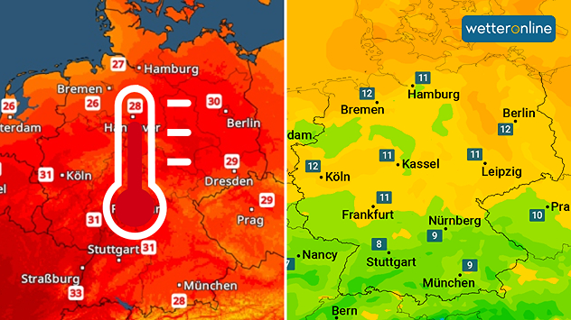 Höchsttemperaturen und Taupunkte heute.