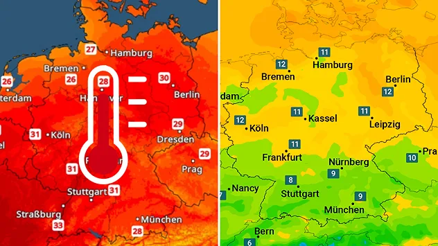 Höchsttemperaturen und Taupunkte heute.